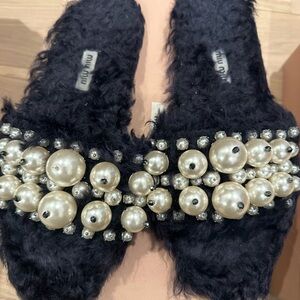 Miu Miu Blue faux shearling sandals